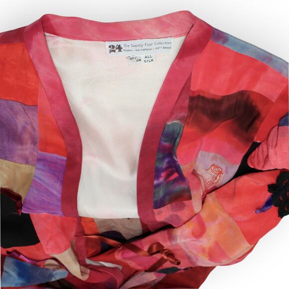 Vintage 24Collection Silk Patchwork Long Open Jacket Fuschia Lightweight - Picture 3 of 11